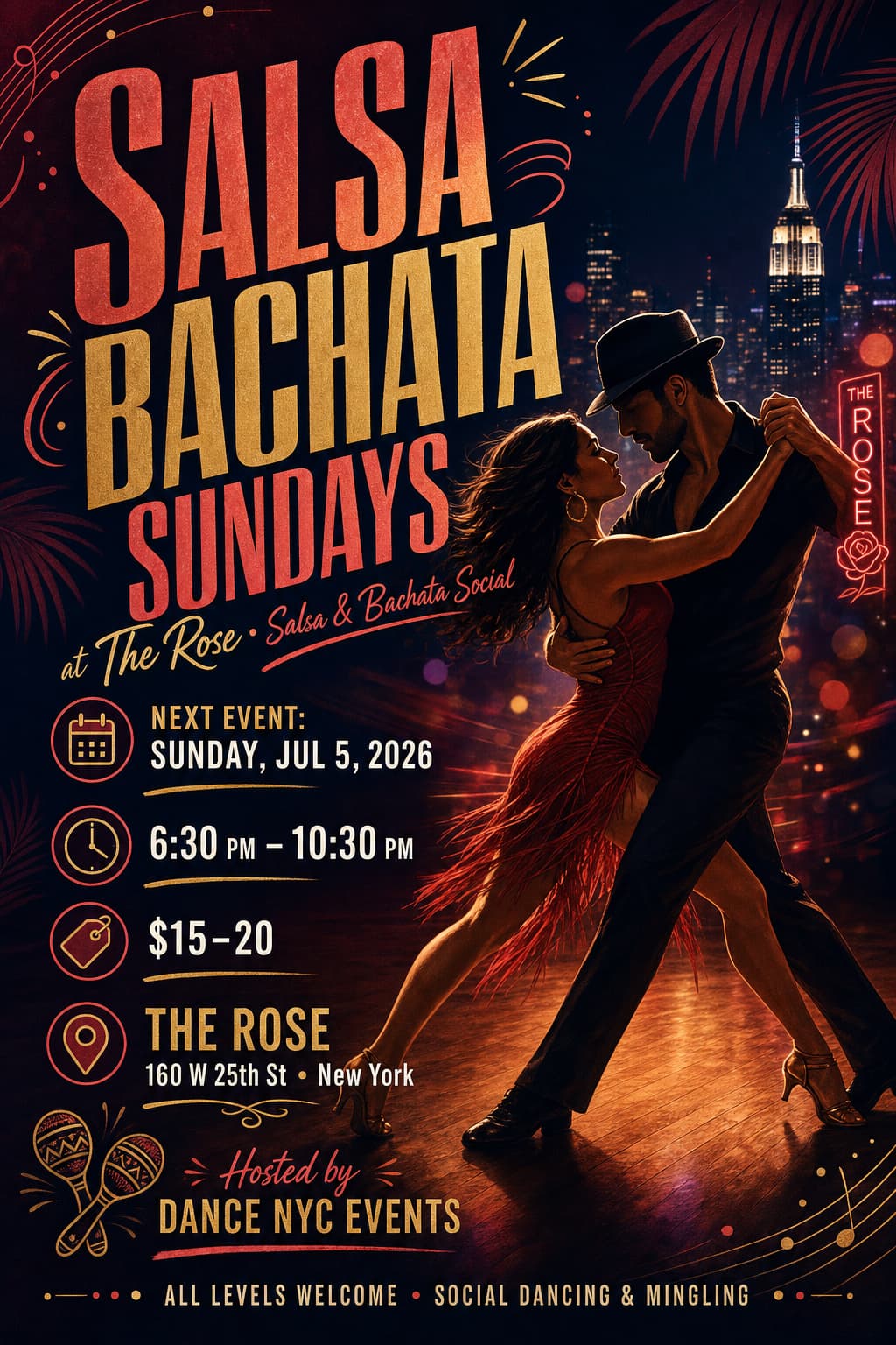 Salsa Bachata Sundays at The Rose — West 25th Street, New York | Weekly Salsa & Bachata Social